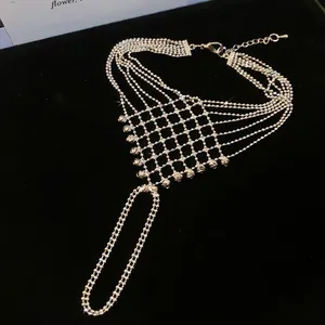 Silver mesh hand harness ring bracelet combo with intricate beaded tassel design