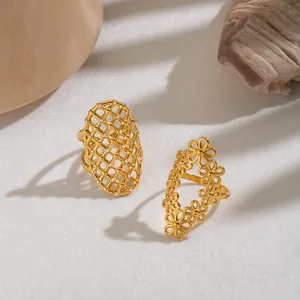 Französischer Vintage Edelstahl 18K Vergoldet Hohl Floral Geometrie Verstellbar Offener Ring Strass Schmuck Fingerring Damen