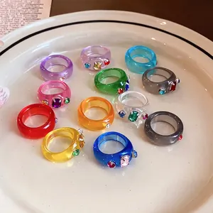 Koreanischer Ins-Stil Bunter Strass Harz Runder Ring Für Frauen Nischendesign Zeigefingerring Einfacher Vielseitiger Schmuck