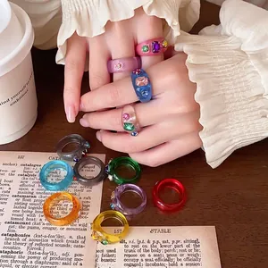 Bunte Fingerringe aus Harz im koreanischen Stil mit funkelnden Strasssteinen für Damen