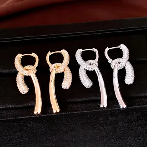 Elegant 18k gold plated zircon double hoop earrings with long dangling bar drop