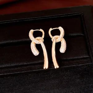Elegant 18k gold plated zircon double-layer pendant earrings in a luxury jewelry box
