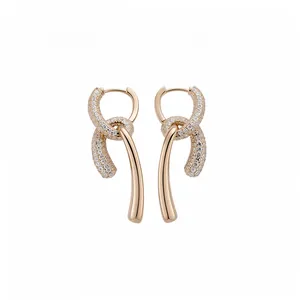 18k gold plated drop hoop earrings with pave zircon and polished intertwined design