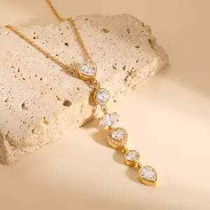 Luxury Heart Rhinestone Stainless Steel Y-Shaped Pendant Necklace For Women 18K Gold Plated Niche Design Fashion Jewelry Gift