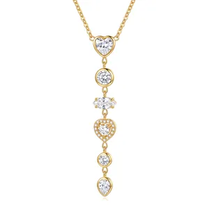 Detailed view of golden stainless steel necklace with multi-shaped heart CZ pendants.
