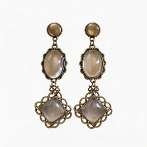 Boucles d'oreilles vintage en bronze avec pierres translucides ovales et losanges