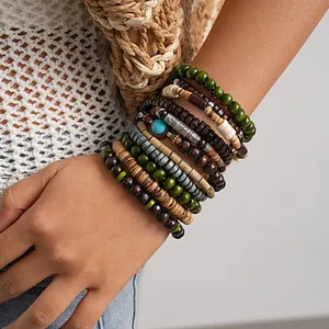 Bohemian Wood Bead Bracelets For Women Ethnic Vintage Handmade Elastic Stretch Bracelet With Alloy Butterfly Heart Charms