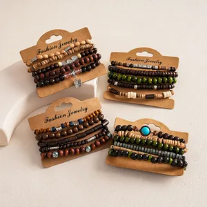 Detailed view of bohemian wood beaded elastic bracelet sets with ethnic charms