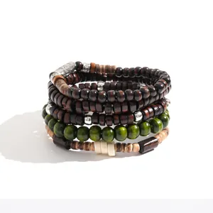 Set of 5 ethnic style wooden beaded elastic bracelets with brown and green beads for men