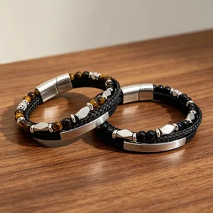 Bracelet en Cuir Perlé en Pierre Naturelle pour Homme Œil de Tigre Agate Noire Fermoir Magnétique Chaîne à Main en Acier Titane Bijoux Rétro Cadeau