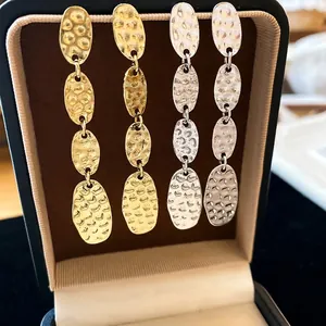 Boucles d'Oreilles Pendantes à Franges Ovales Plissées en Alliage Style Européen Américain Avec Tige en Argent Bijoux Mode Métal Martelé Femme