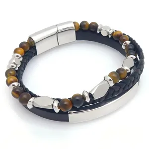 Bracelet pour homme en cuir avec perles oeil de tigre et fermoir magnétique en acier