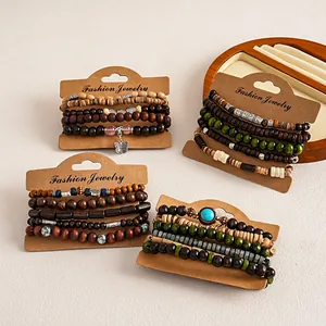 Detailed view of five sets of retro ethnic style wooden beaded elastic bracelets