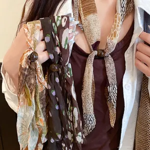 Foulard Collier Vintage en Mousseline avec Perles pour Femmes Retro Floral Léopard Zèbre Pois Imprimé Foulard Accessoire Mode