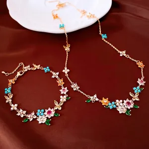 18K Real Gold Plated Copper Colorful Zirconia Flower Butterfly Necklace Bracelet Jewelry Set For Women Elegant Fashion Gift