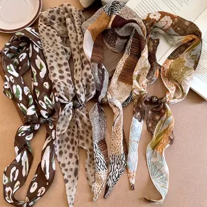 Collection de foulards en soie perlés rétro à fleurs et léopard pour femmes aux tons terre