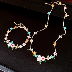 Elegant 18k gold plated floral butterfly necklace and bracelet set with colorful zircons