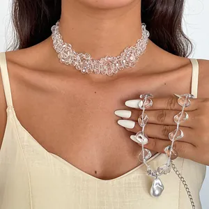 Minimalist Transparent Glass Beaded Necklace For Women With Irregular Artificial Baroque Pearl Pendant Handmade Jewelry