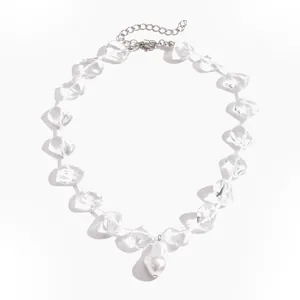 Elegant clear glass bead choker necklace with a baroque pearl pendant for women