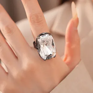 Damen Übertriebener Rechteckiger Strass Kupfer Ring Breites Band Gestreift Offener Verstellbarer Ring Mode Statement Handschmuck