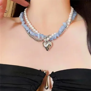 Collier Pendentif Cœur Style Coréen Avec Perle Artificielle Et Perles De Pierre Bleue Irrégulières Pour Femme