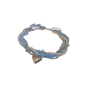 Collier de perles multicouche avec pierres bleues et pendentif cœur argenté pour femme
