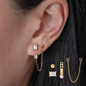18K Επίχρυσο Ανοξείδωτο Ατσάλι DIY Σετ Σκουλαρίκια Στρας Κοπής Emerald Καρφωτά Σκουλαρίκια Με Αλυσίδα Γυναικεία Κοσμήματα Δώρο