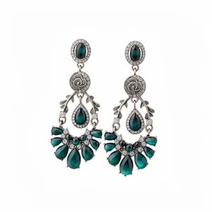 Boucles d'oreilles rétro en résine vert émeraude argentée avec détails floraux