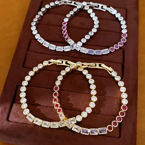 Pulsera Tennis de Cobre Chapado en Oro 18K con Circonia para Mujer Elegante Corte Redondo Cuadrado Geométrico Minimalista Joyería