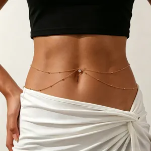 Sexy Gold Plated Titanium Steel Waist Chain For Women Minimalist Stainless Steel Double Layer Body Chain Rhinestone Bead Belly Chain Accessory