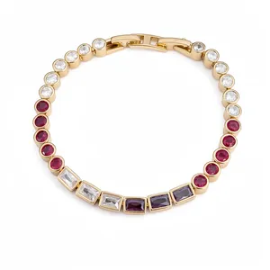 Pulsera de lujo chapada en oro de 18 quilates con circonitas de colores redondas y rectangulares
