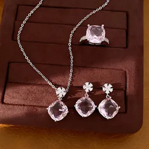Zirconia Bloem Ruit Ketting Oorbellen Ring Set Lichte Luxe Elegant Koper Verzilverd Dames Dagelijkse Accessoires