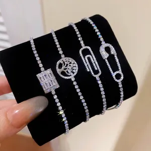 Pulseras de lujo con circonitas plateadas y dijes de clip y árbol de la vida brillantes