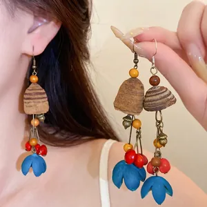 Vintage Ethno-Stil Holz Pflanze Quaste Ohrhaken Für Damen Handgefertigt Bohemian Hängeohrringe Mode Geometrischer Schmuck