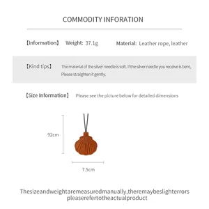 Detailed dimensions of shell-shaped leather necklace pendant with 92cm cord and 7.5cm width