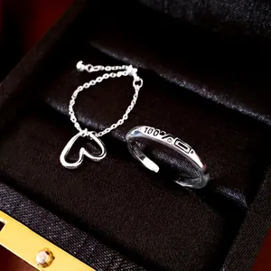 Silver Plated Heart Pendant Chain Ring Adjustable Drawstring Open Ring With Battery Icon Fun Engraving Minimalist Copper Ring For Women Hand Jewelry