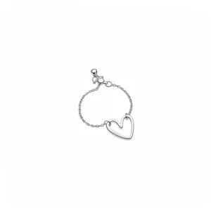 Minimalist silver chain ring featuring an adjustable sliding bead and hollow heart pendant.
