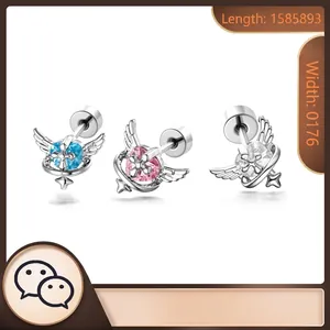 Pendiente de Botón de Cobre con Barra de Aleación de Titanio Corazón Cruz Alas Strass Piercing de Hélix Joyería Corporal