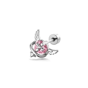 Pendiente de botón con corazón rosa, alas plateadas y cruz para piercing cartílago
