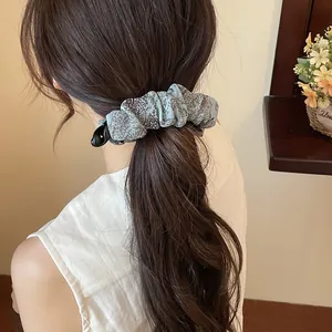 Elegant achteraanzicht van een vintage lichtblauwe mesh geplooide bananenklem in het haar.