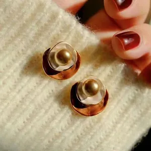 Maillard Vintage Ronde Kunstparel Oorknopjes Voor Dames Zilveren Oorsteker Emaille Legering Sieraden Bruin Goud