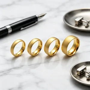 Four brushed gold stainless steel rings of different widths on a marble surface.