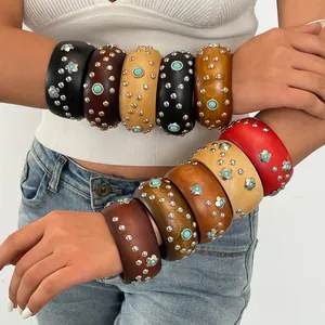 Vintage Holz Harz Blume Armreif Für Damen Ethno Stil Metall Besetzt Rund Armband Retro Boho Schmuck Mode Hand Accessoire