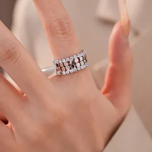 14K Vergoldet Zirkonia Doppelschichtig Blume Offener Ring Kupfer Eingelegt Zirkon Geometrisch Hohl Verstellbar Mode Schmuck Fingerring Damen