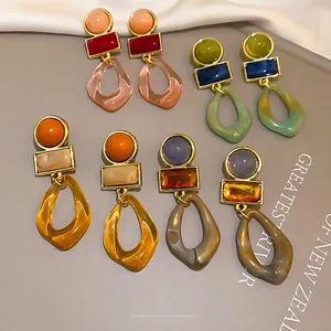 Vintage acrylic geometric dangle earrings featuring colorful resin drops for women