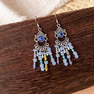 Boucles d'Oreilles Bohème Mauvais Œil à Glands Ethniques Vintage Perles de Verre Alliage Boucles d'Oreilles Crochet pour Femmes Bijoux Rétro