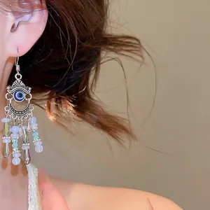 Boucles d'oreilles bohèmes vintage à pampilles en cristal avec motif mauvais œil
