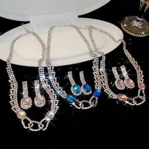 Elegant Copper Alloy Rhinestone Jewelry Necklace And Earrings For Women Wedding Banquet Party Shiny Fashion Accessories