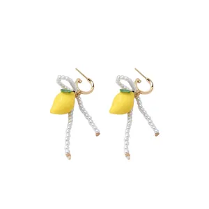Sweet resin lemon pearl tassel drop earrings with gold-plated hoops for stylish women
