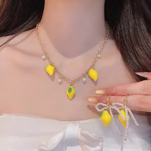 Sweet Lemon Artificial Pearl Jewelry Set Resin Fruit Pendant Necklace Silver Earring Post Tassel Stud Earrings For Women